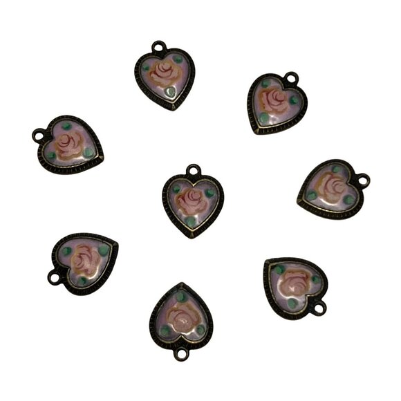 8 Vintage Pink Rose Enamel Heart Charms Findings Jewelry Making Supplies Destash - Picture 1 of 9
